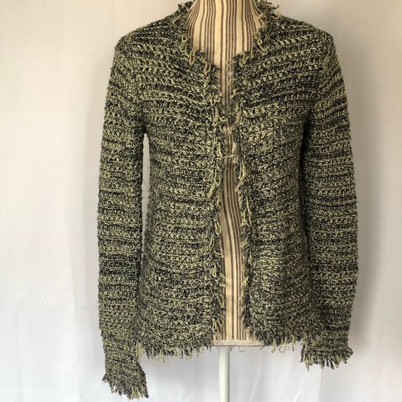 Zara Sweaters Zara Gray And Gold Metallic Fringe Knit Cardigan